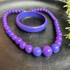 Vintage Purple Beaded Jewelry‎ Set | Necklace & Bangle • Retro Acrylic Statement